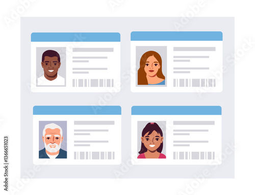 Four illustrated ID cards showing diverse cartoon-style portraits of people, with barcode and text fields, isolated on a light background. Vector illustration
