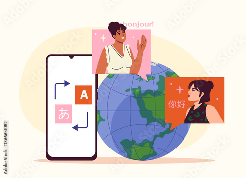 Smartphone with translation app, two women speaking different languages, globe in background, flat style on light background. Concept of global communication. Vector illustration
