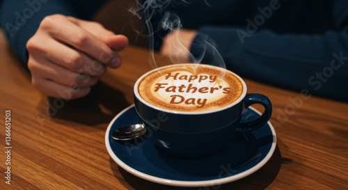 A person celebrating Father's Day with a latte art coffee topped with a festive message in a cozy café - happy father's day images