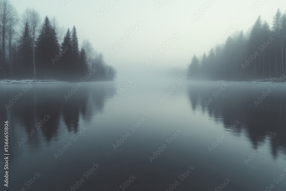 Fototapeta premium Misty lake, winter forest reflections. Calm, serene, and tranquil morning scene. Dense trees line the shore, with fog swirling across the still water. The image evokes a sense of peace and solitude