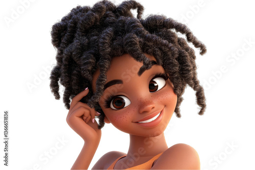 3D Rendering Portrait of a Young Black Woman Smiling with Curly Hair