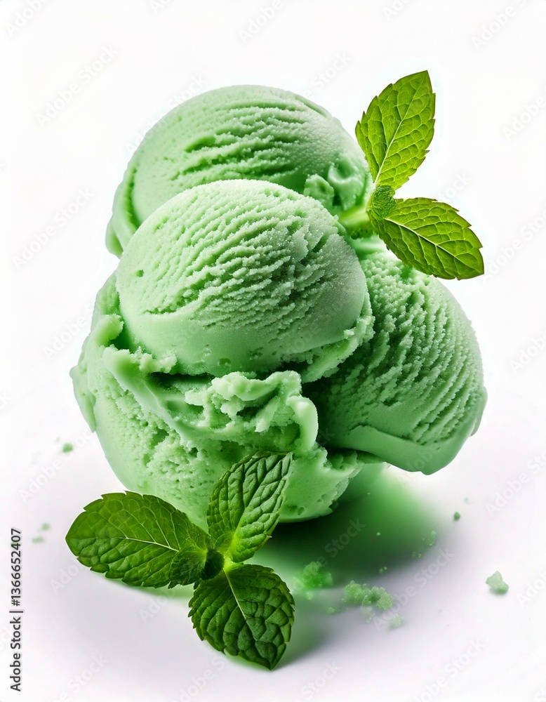 Green ice cream scoop. Sweet dessert with mint leaves. Summer snack food on white background. Refreshing flavor. Close up of scoops. Green ice cream scoop. Sweet dessert with mint leaves. Summer snack food on white background. Refreshing flavor. Close up of scoops.