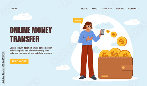 Woman using mobile phone for digital financial transaction, cartoon style with coins and wallet on light blue background. Concept of online money transfer. Vector illustration