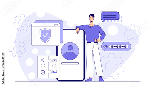 Man standing next to digital interfaces showing secure login, password protection, and profile elements on abstract tech background. Concept of online privacy. Vector illustration