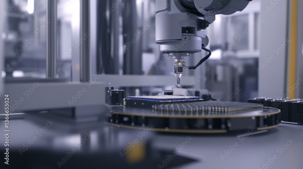A robotic arm in a cleanroom facility, assembling semiconductor chips with AI precision for high-performance computing, Tech-tech style A robotic arm in a cleanroom facility, assembling semiconductor chips with AI precision for high-performance computing, Tech-tech style