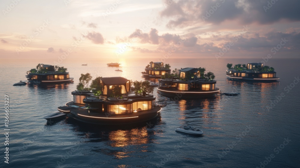 A futuristic concept of a floating city with advanced civil engineering designs. A futuristic concept of a floating city with advanced civil engineering designs.
