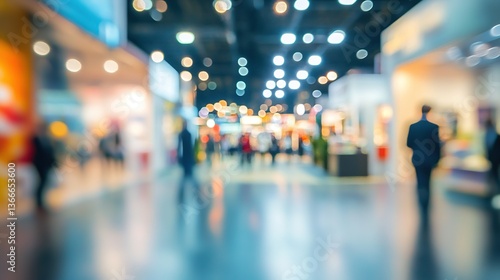Blurred background of international business exhibition and conference, professionals walking and communicating among booths, wide angle shot with bokeh effect and warm lighting.