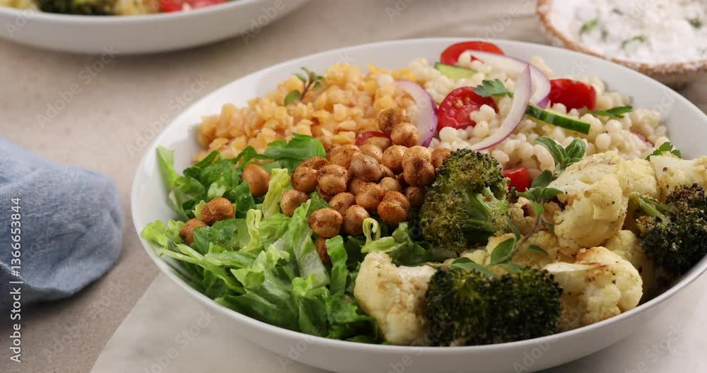 Vegan lunch bowl with lentils, roasted vegetables and chickpeas, camera rotates around Vegan lunch bowl with lentils, roasted vegetables and chickpeas, camera rotates around