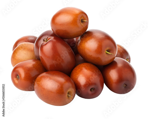 A pile of jujube fruits with a smooth reddish brown skin, arranged in a heap against a plain backdrop transparent background