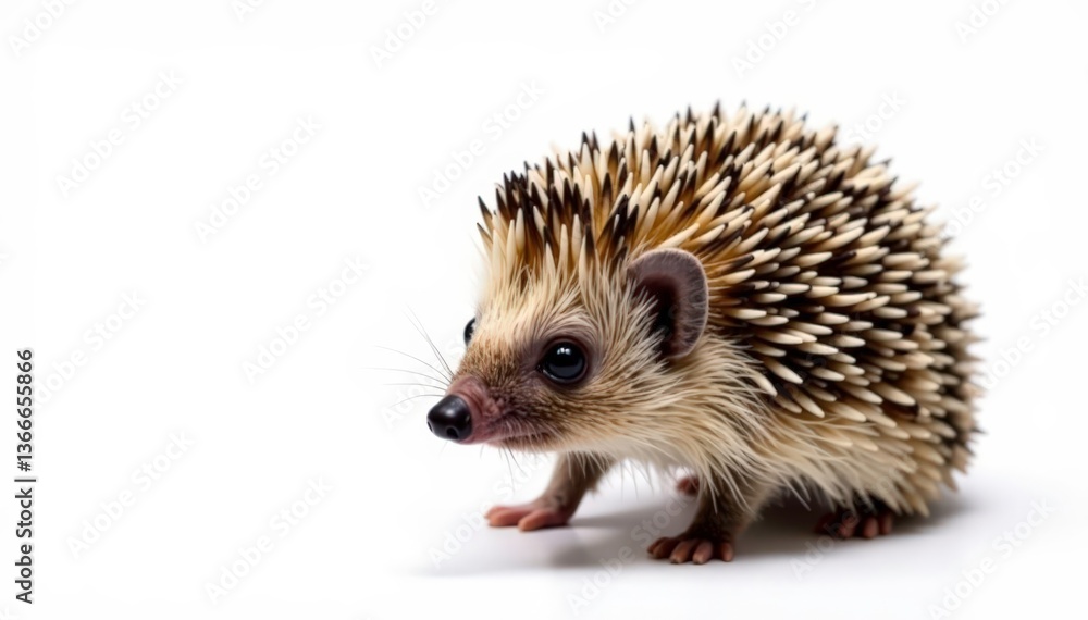 Single brown hedgehog on white, showcasing its spines and tiny features, prickles, small Single brown hedgehog on white, showcasing its spines and tiny features, prickles, small