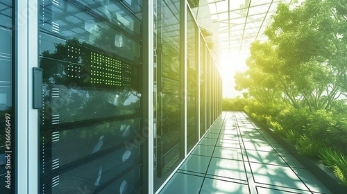 Modern eco-friendly data center with energy-efficient servers surrounded by lush greenery, symbolizing sustainable technology and green computing. 