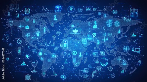 Global Digital Network of Technology Icons and Health Symbols