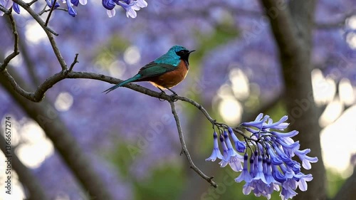 Colorful bird perched on a branch amidst blooming flowers  
