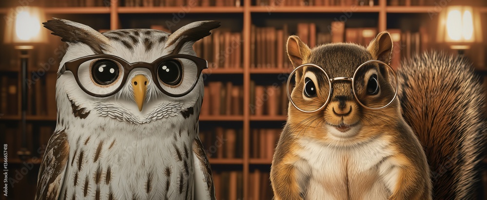 Fototapeta premium Wise owl and curious squirrel in glasses in cozy library setting
