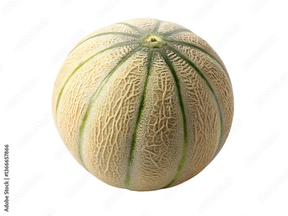A single cantaloupe with a textured rind and green stripes isolated against a plain background transparent background A single cantaloupe with a textured rind and green stripes isolated against a plain background transparent background