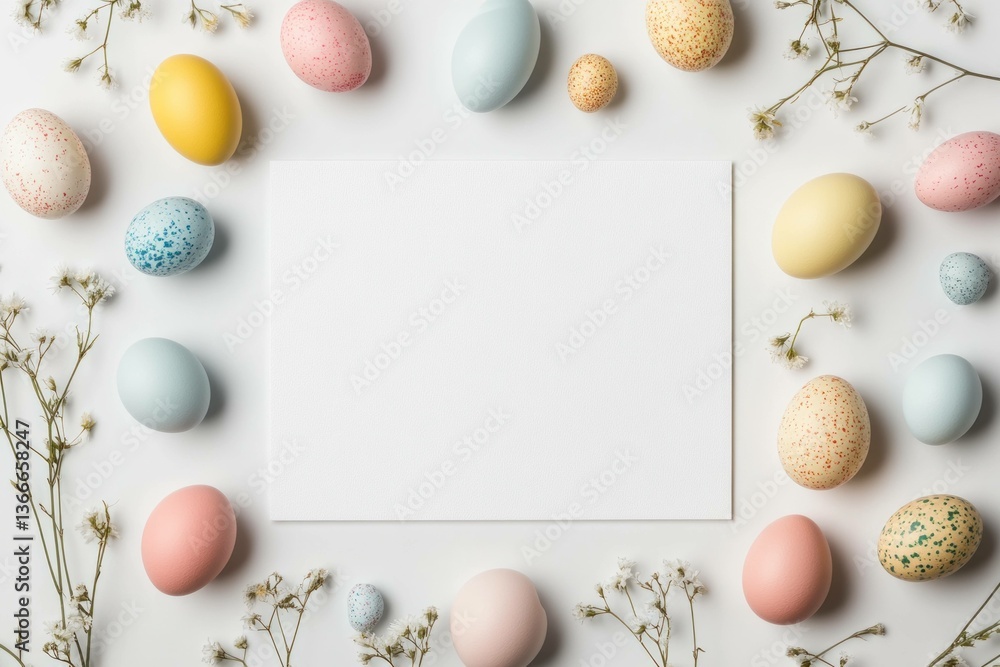 Festive Easter eggs in pastel colors arranged around a blank card on a light background, perfect for holiday greeting designs and seasonal decor Festive Easter eggs in pastel colors arranged around a blank card on a light background, perfect for holiday greeting designs and seasonal decor