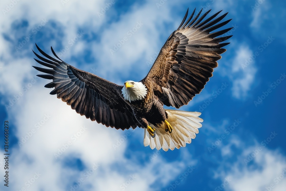 Obraz premium Bald Eagle Flying High Against Vibrant Blue Sky with White Clouds