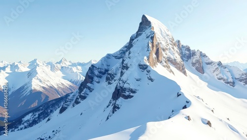 Snow-covered mountain peak, pristine white background , sky, environment, mountain
