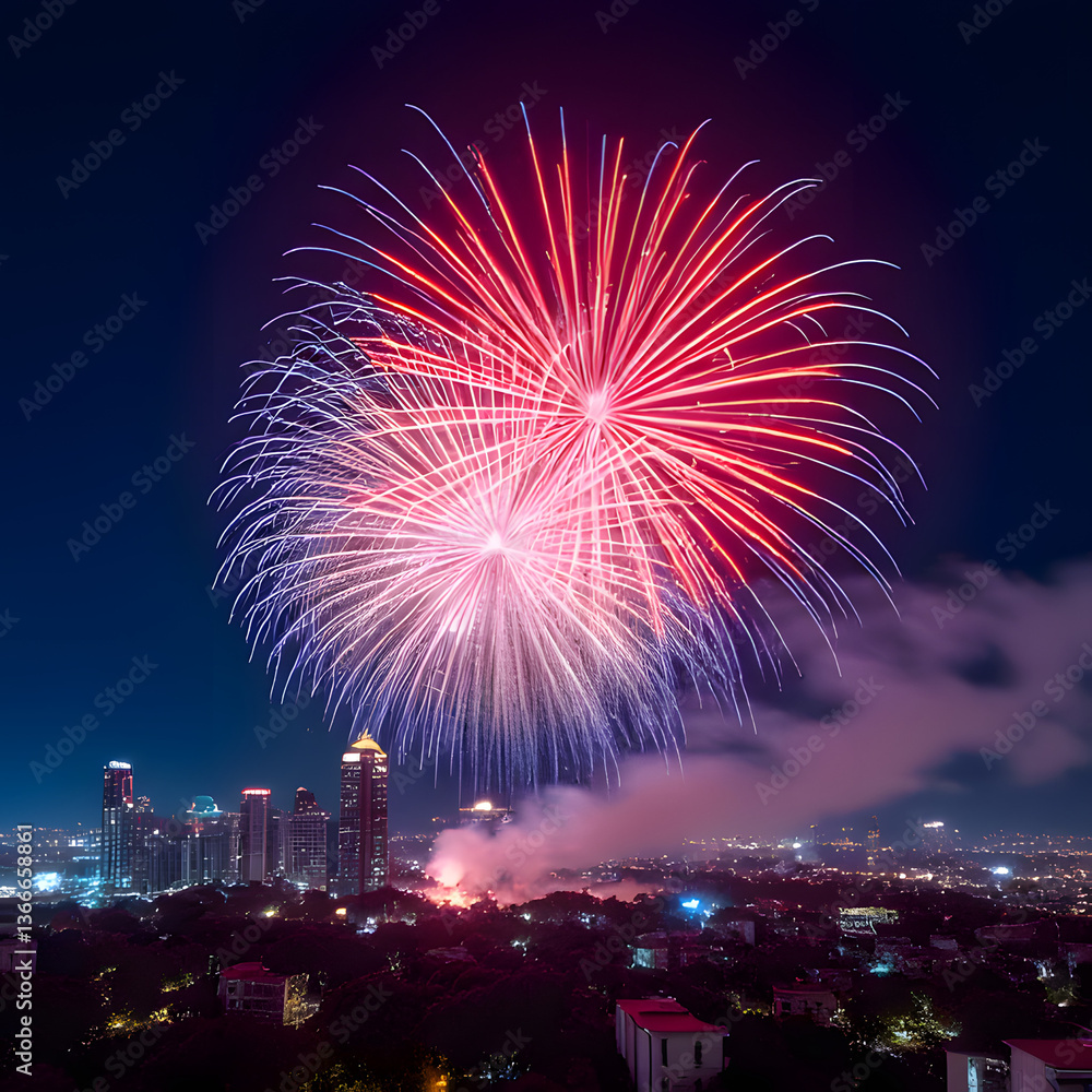 A dazzling fireworks show lights up the night sky with vibrant reds and whites, bursting over a cityscape, while smoky trails linger above towering buildings A dazzling fireworks show lights up the night sky with vibrant reds and whites, bursting over a cityscape, while smoky trails linger above towering buildings