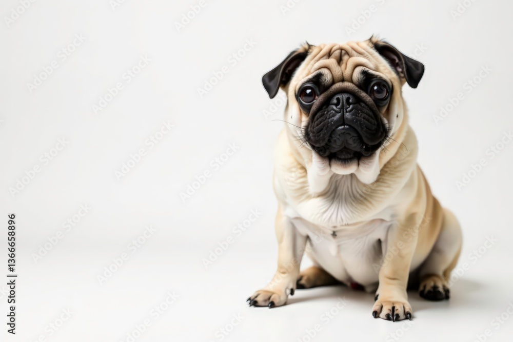 Solo pug against white backdrop, relaxed pose, content, cute, portrait Solo pug against white backdrop, relaxed pose, content, cute, portrait