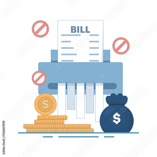 Concept of no hidden fees or charges. Paper money is destroyed by paper shredder. For subscription based business services to ensure transparency and clarity of billing. Flat illustration