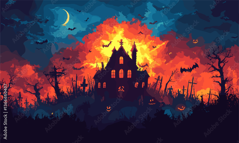 Spooky haunted house with glowing sky, bats, and pumpkins on halloween night - vector Spooky haunted house with glowing sky, bats, and pumpkins on halloween night - vector