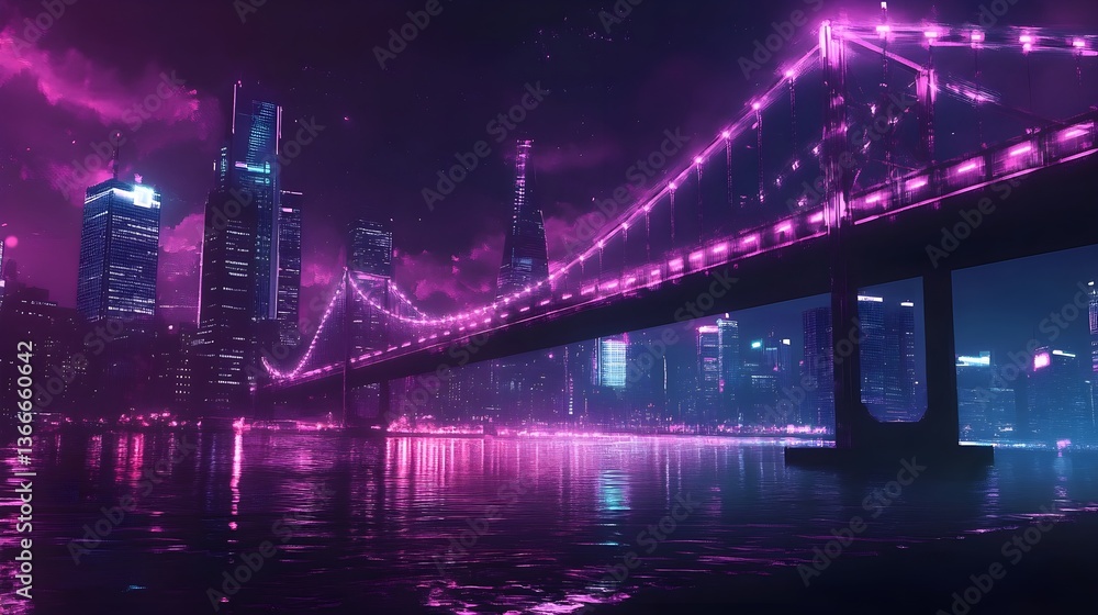 Fototapeta premium A bridge made of digital data and cyberpunk neon lights over the sea.