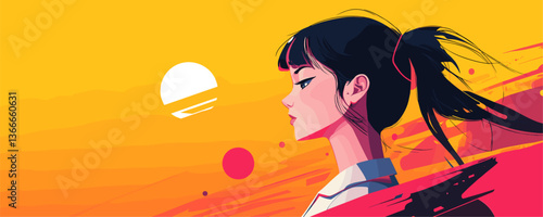 Stylish young woman with ponytail in front of abstract sunset background vector