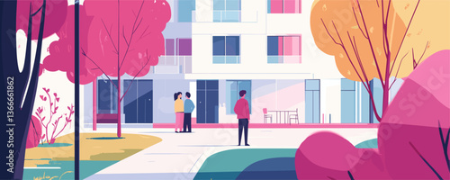 Colorful urban park in autumn with people walking near modern building - vector