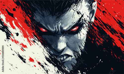 Intense frightening portrait with red-eyed creature and abstract splatter background, vector