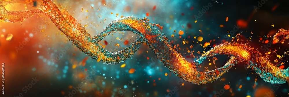 Abstract dna strand with particles orange blue Abstract dna strand with particles orange blue