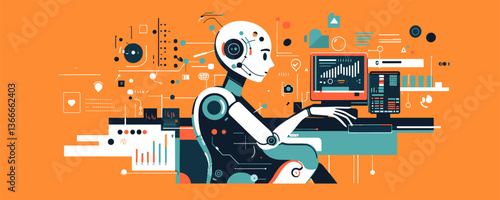 Futuristic robot programming at computer desk with data charts – vector