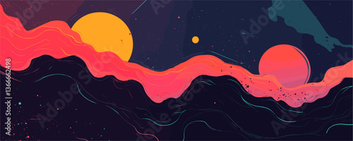 Surreal landscape with dual suns and wavy lines in abstract vector