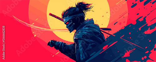 Futuristic cyberpunk ninja with katana and red sun background - vector