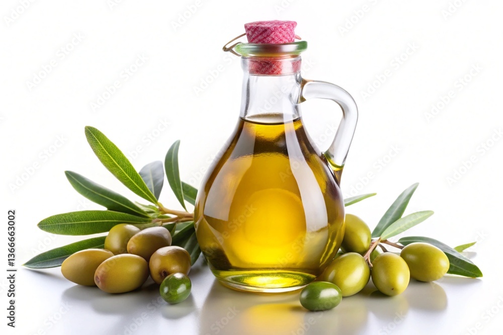 Olive oil bottle with cork stopper, fresh olives, and leaves displayed on a minimalist white backdrop Olive oil bottle with cork stopper, fresh olives, and leaves displayed on a minimalist white backdrop
