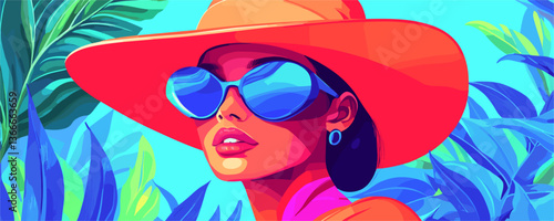 Stylish woman in sunglasses and hat with tropical background - vector