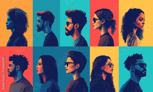 Stylish profiles of diverse individuals in colorful panels, contemporary art vector