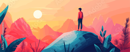 Mountain view landscape with sunrise and standing man - vector artwork
