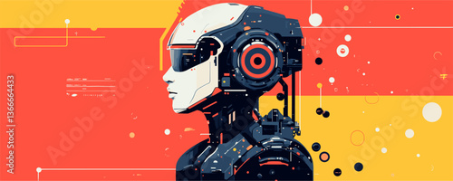 Futuristic robot profile with geometric digital background in bold colors - vector