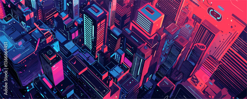 Futuristic neon cityscape with skyscrapers and lights at night - vector