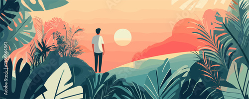 Person watching tropical sunset in jungle landscape with lush greenery - vector