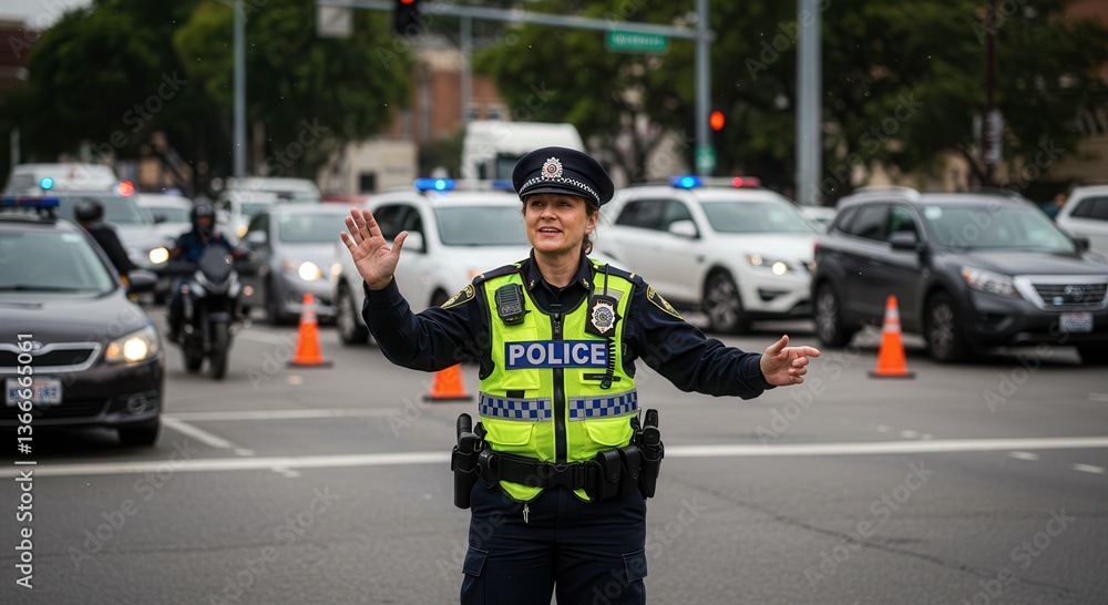 Female Police Officer Directing Traffic in City Intersection Female Police Officer Directing Traffic in City Intersection