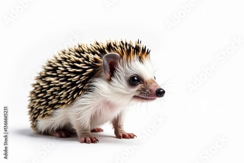 Tiny hedgehog posed on pure white background, facing right, cute hedgehog, isolated animal, nature