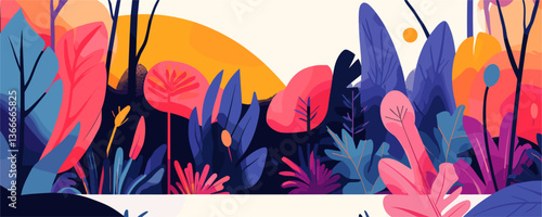 Vibrant fantasy landscape with colorful foliage and sunset sky - vector
