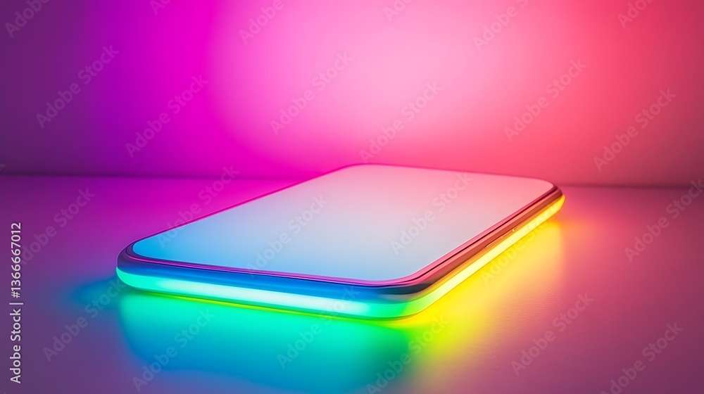 A colorful smartphone device is glowing on a reflective surface A colorful smartphone device is glowing on a reflective surface