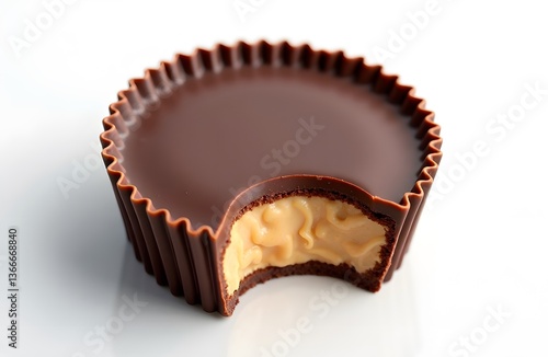 A peanut butter cup with a bite taken out revealing the creamy filling on a white background