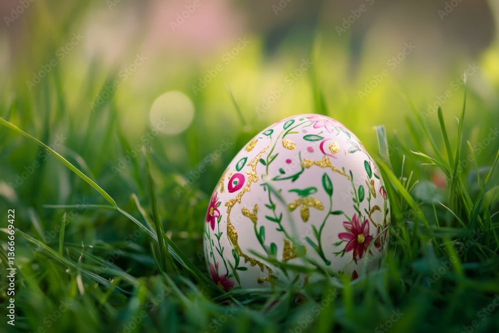 Fototapeta premium A beautifully decorated Easter egg is nestled in lush green grass, showcasing bright colors and intricate floral designs under soft sunlight Generative AI