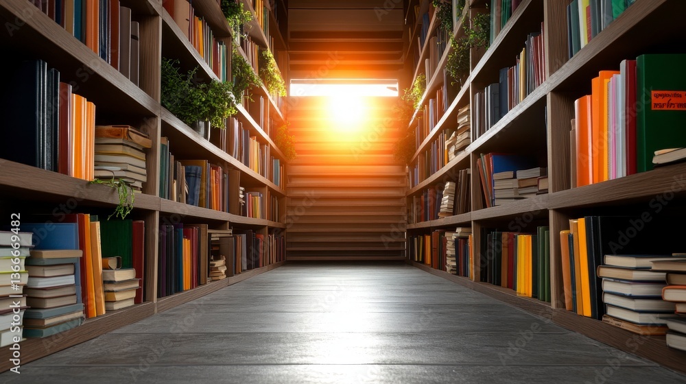 Serene Library Interior with Sunlight Streaming Through Bookshelves Serene Library Interior with Sunlight Streaming Through Bookshelves