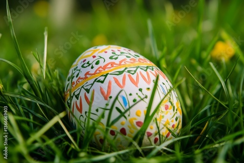 A beautifully painted egg rests among lush green grass, showcasing intricate designs, depicting the joy of spring festivities Generative AI