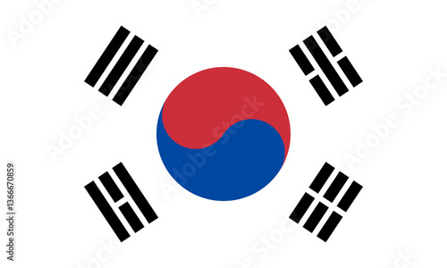 South Korea flag displayed with its iconic design featuring yin-yang colors and traditional symbols